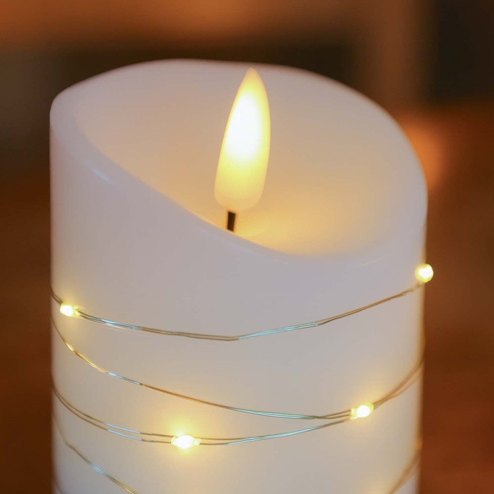 LED Bloklys med lyskæde, 12,5cm høj, flammeeffekt - Ø7,5cm, inkl. fjernbetjening, ægte stearin