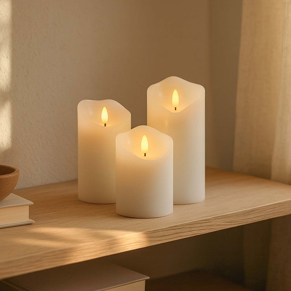 LED Bloklys med flammeeffekt, hvid, 10/12,5/15cm, fjernbetjening, timer, ægte stearin