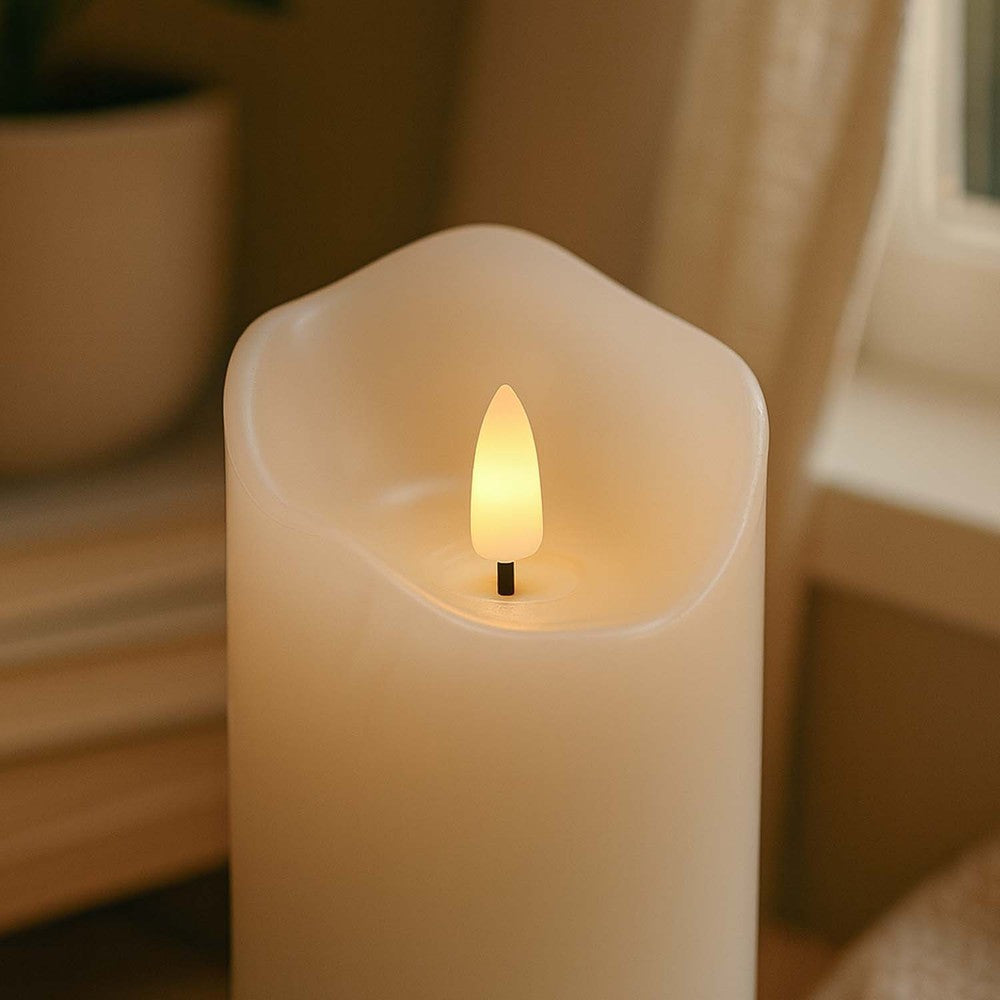 LED Bloklys med flammeeffekt, hvid, 10/12,5/15cm, fjernbetjening, timer, ægte stearin