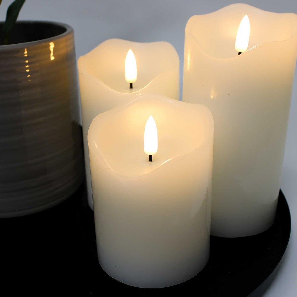 LED Bloklys med flammeeffekt, hvid, 10/12,5/15cm, fjernbetjening, timer, ægte stearin