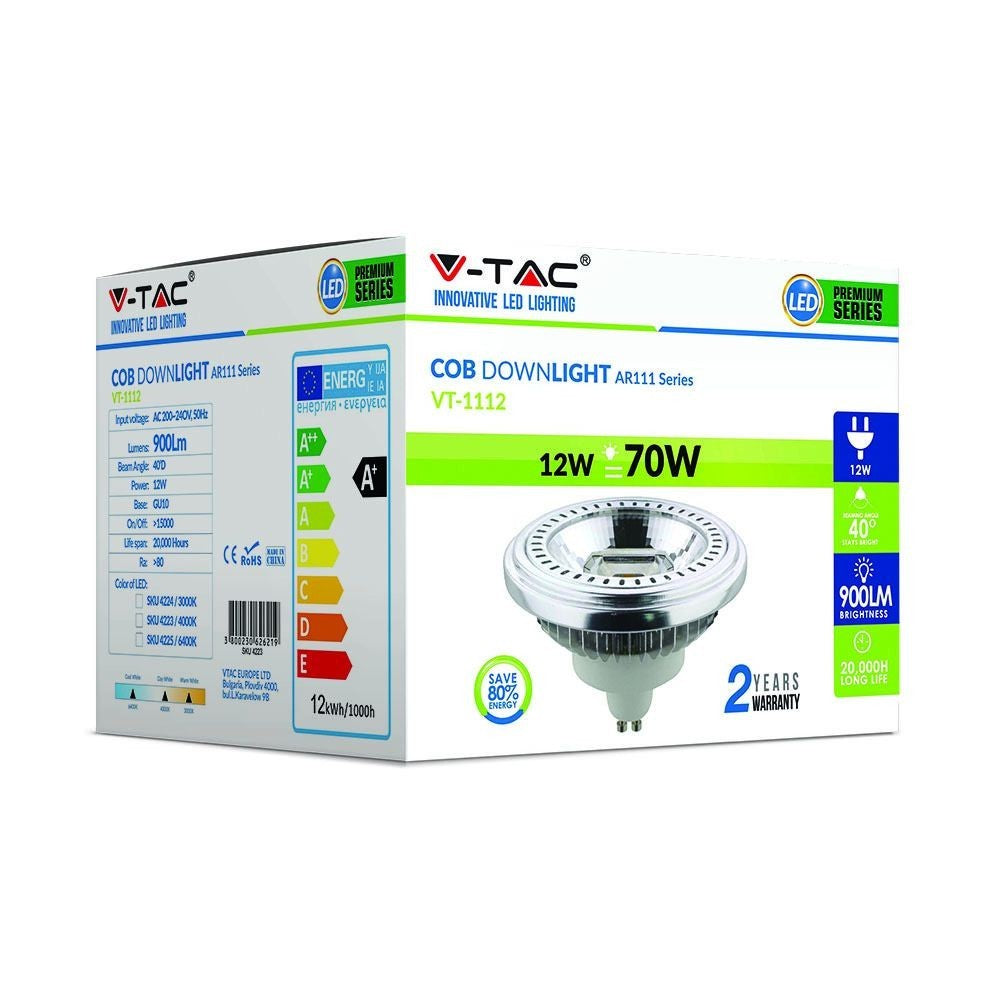 V-Tac 12W LED spot - GU10 AR111, Erstatter 60W, Input 230V, 650lm, RA80
