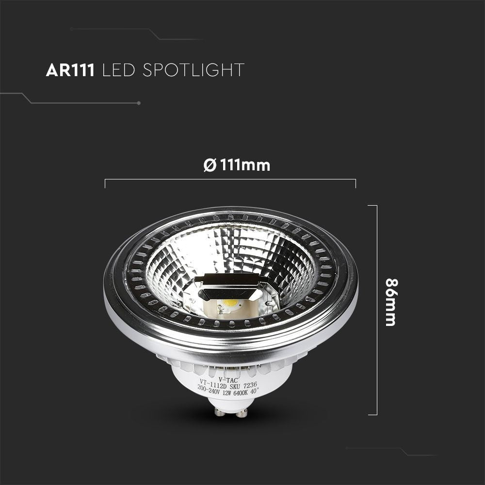 V-Tac 12W LED spot - GU10 AR111, Erstatter 60W, Input 230V, 650lm, RA80
