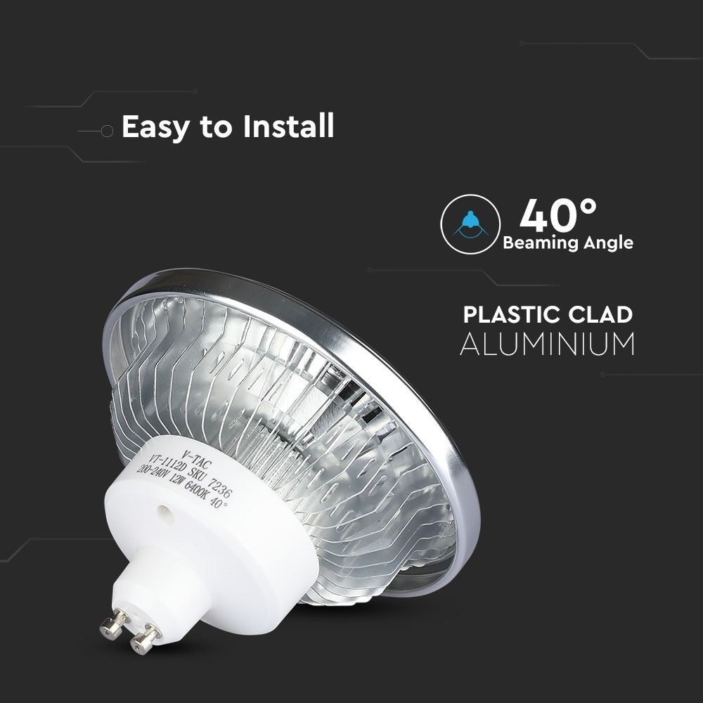 V-Tac 12W LED spot - GU10 AR111, Erstatter 60W, Input 230V, 650lm, RA80