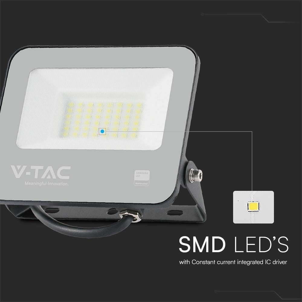 V-Tac 30W LED projektør, 135lm/W - Samsung LED chip, udendørs arbejdslampe, 1m ledning, IP65