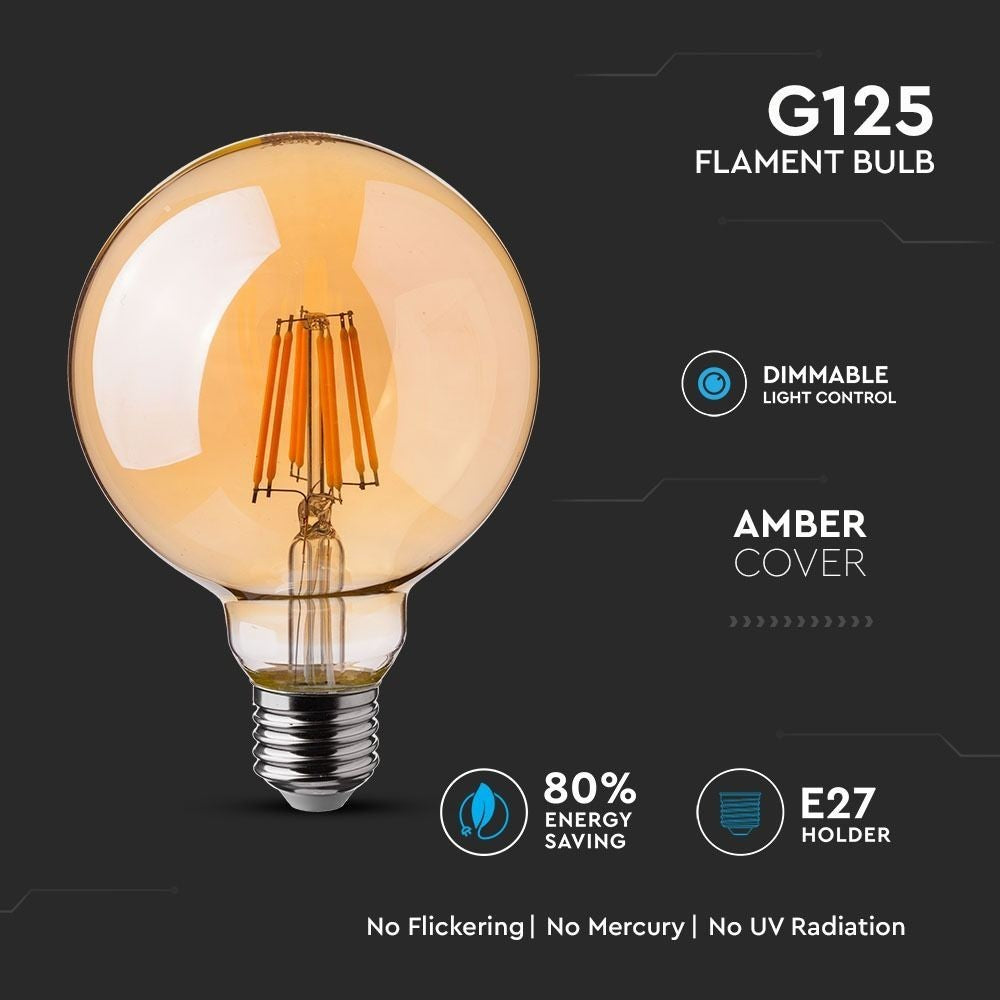 V-Tac 8W LED globepære - Kultråd, Ø12,5 cm, dæmpbar, ekstra varm hvid, E27 - Erstatter 65W