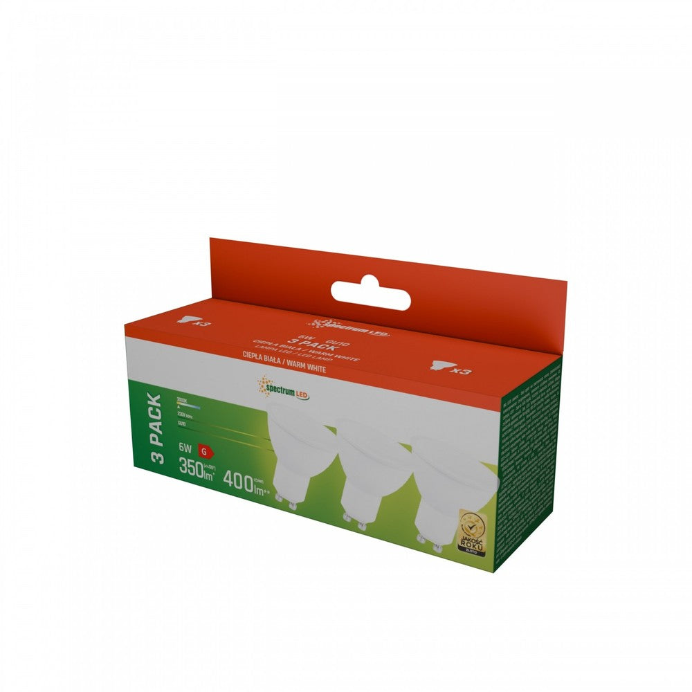 LED GU10 6W - 230V, varm hvid, mælket dækstel, hvid plast, Spectrum, 3-pak - 400lm - RA80