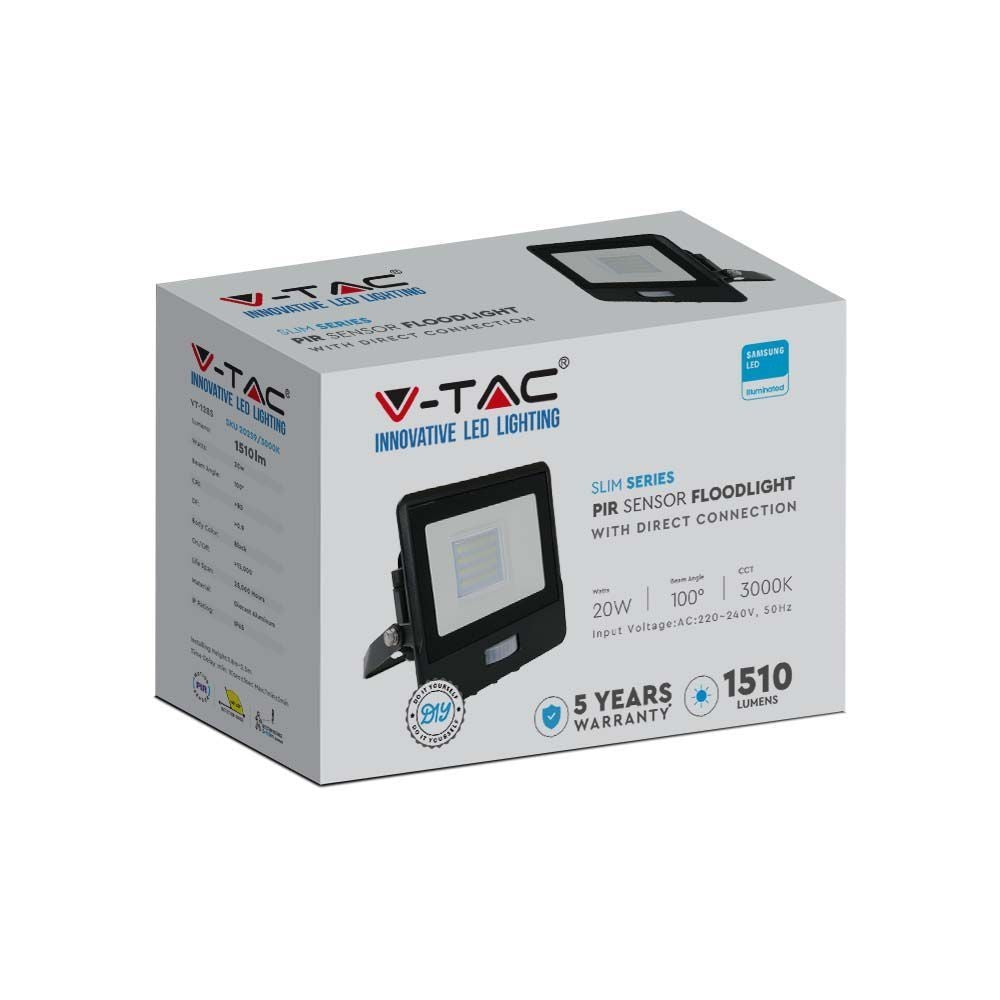V-Tac 20W LED projektør med sensor - SMD, Samsung LED chip - 5 års garanti