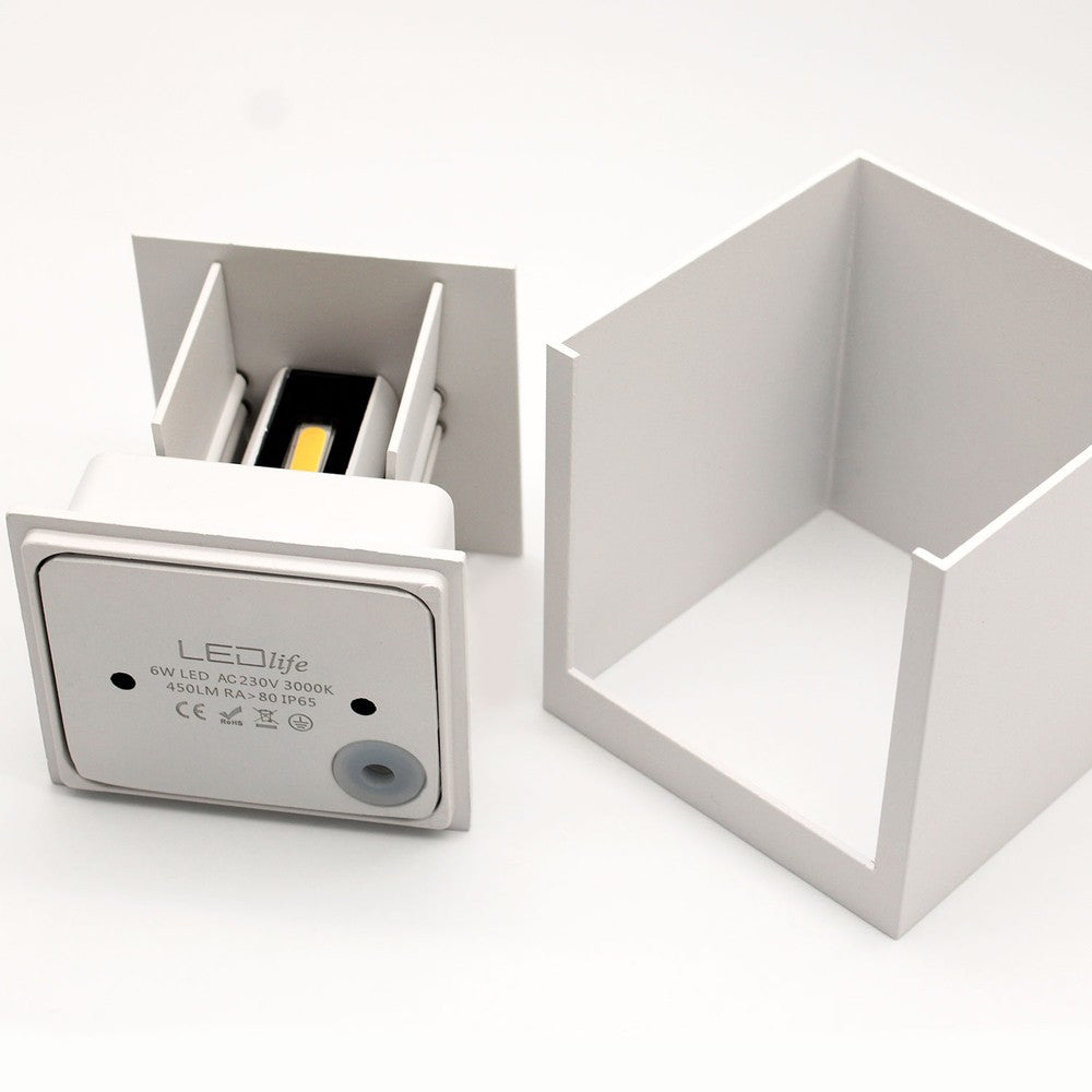 LEDlife CUBIC 6W væglampe - Hvid, firkantet, op/ned, justerbar, inde/ude, IP65, inkl. lyskilde