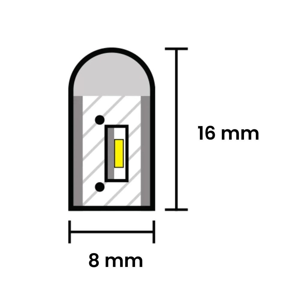 Kold hvid 8x16 CLIP-ON Neon Flex LED Strip - 9W pr. meter, IP67, 230V