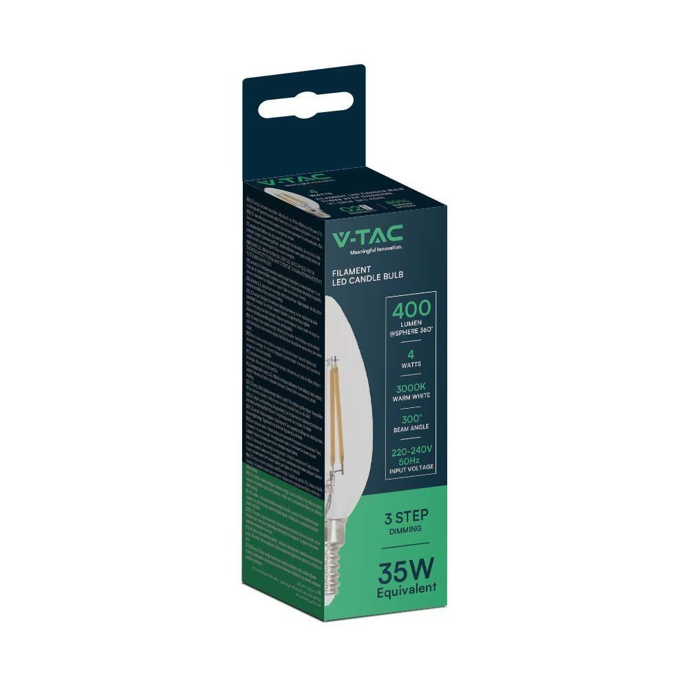V-Tac 4W LED kertepære - 3-trin dæmpbar, kultråd, varm hvid, E14, 400lm, RA80