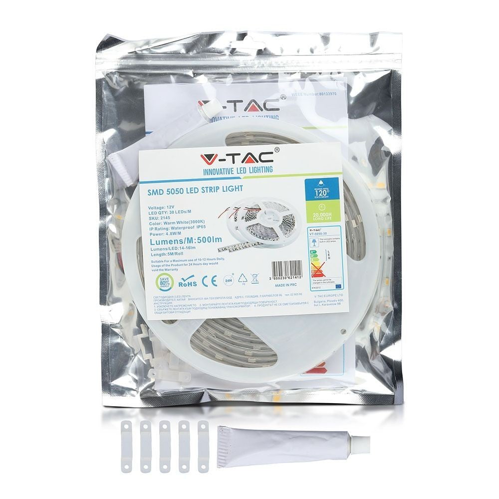 V-Tac 4,8W/m stænktæt LED strip - 5m, IP65, 30 LED pr. meter, 12V, RA80