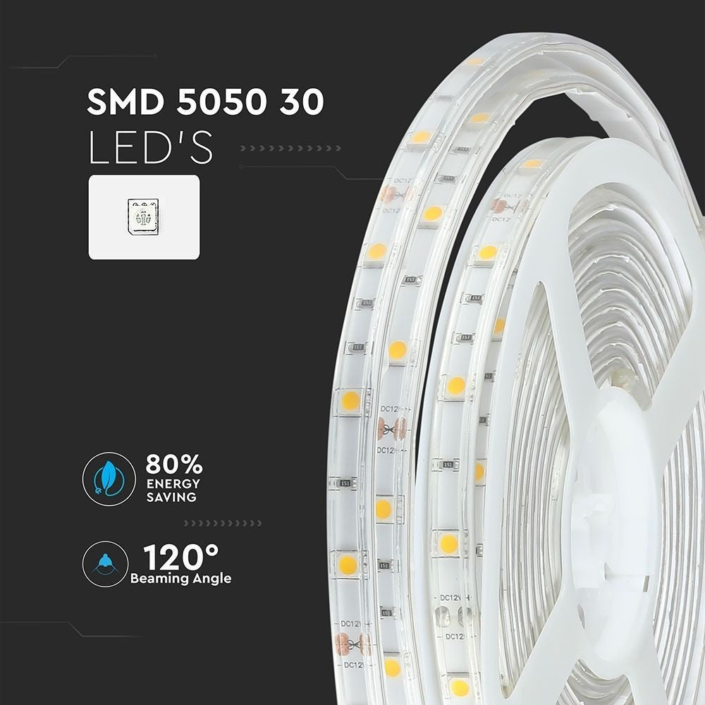 V-Tac 4,8W/m RGB vandtæt LED strip – 5m, 30 LED pr. meter, 400lm/m, 12V, IP65