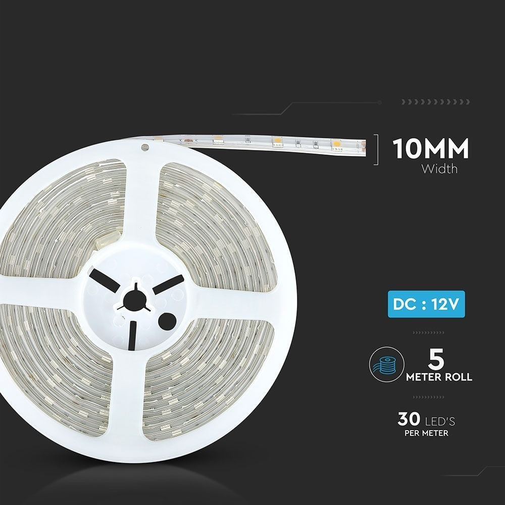 V-Tac 4,8W/m RGB vandtæt LED strip – 5m, 30 LED pr. meter, 400lm/m, 12V, IP65