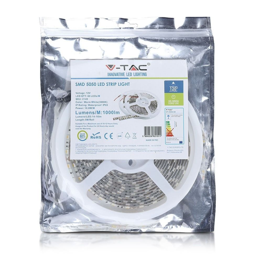 V-Tac 10,8W/m Stænktæt LED Strip - 5m, 60 LED pr. meter, IP65