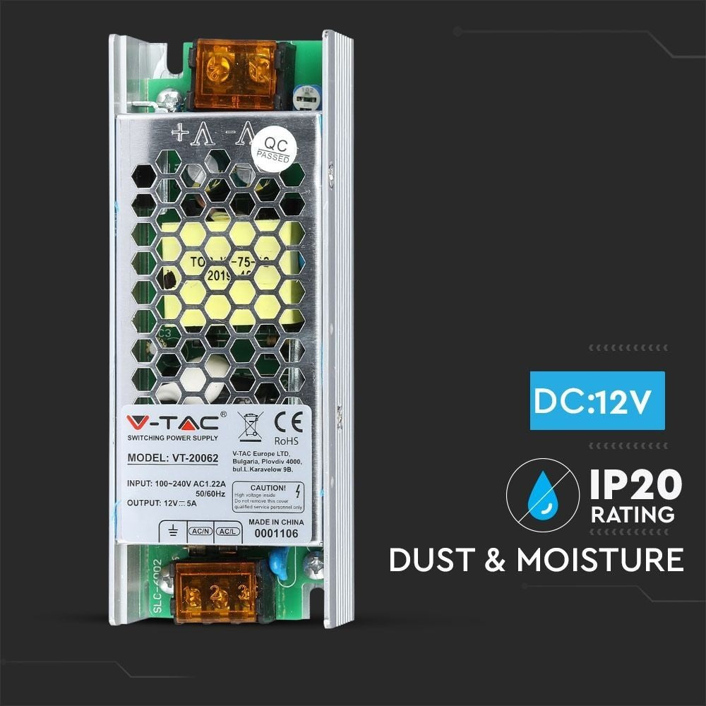 V-Tac 60W Strømforsyning - 12V DC, 5A - IP20 Indendørs Brug