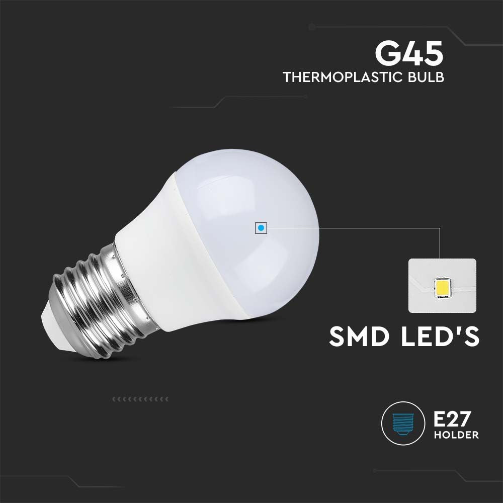 4.5W Plastik Pære E27 - G45, 3000K, 470lm, RA80 - Energibesparende LED lyspære til stor fatning E27, varmhvidt lys