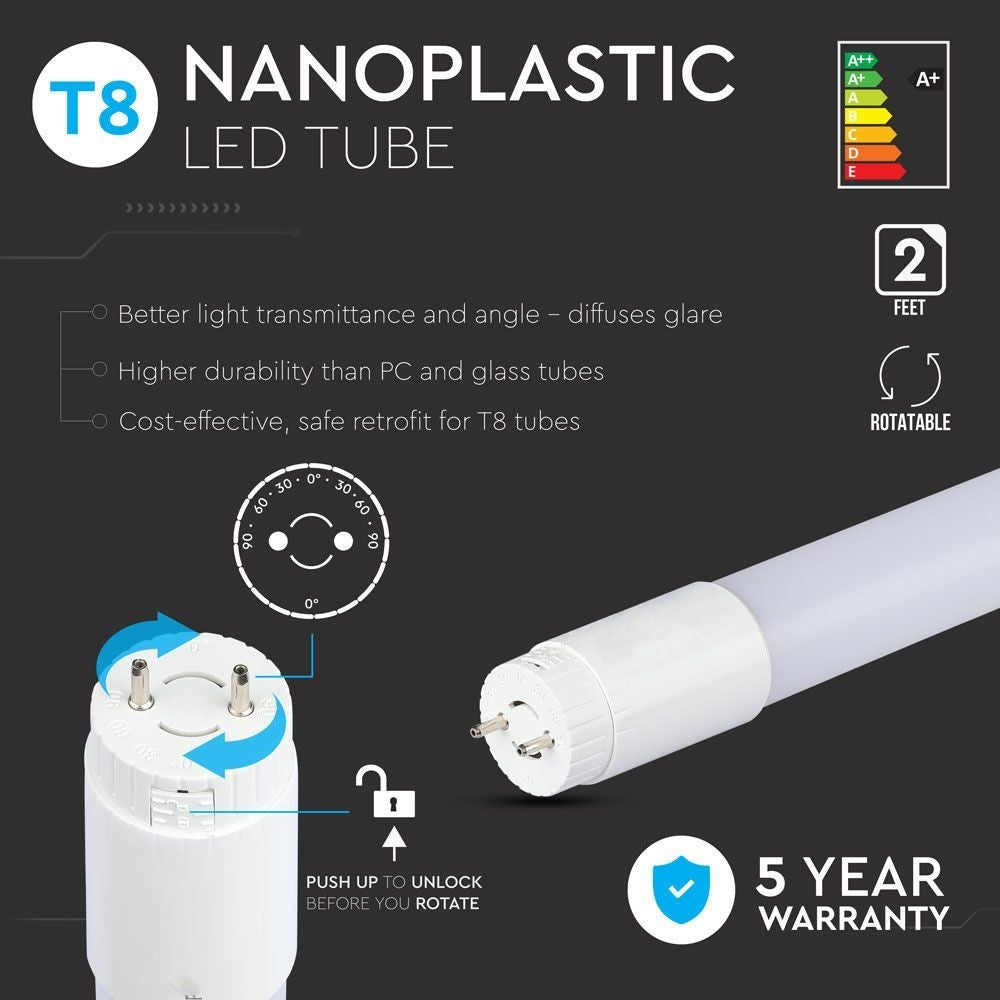 V-Tac T8-Samsung60 - 10W LED rør, erstatter 18W lysstofrør, Samsung LED chip, 5 års garanti