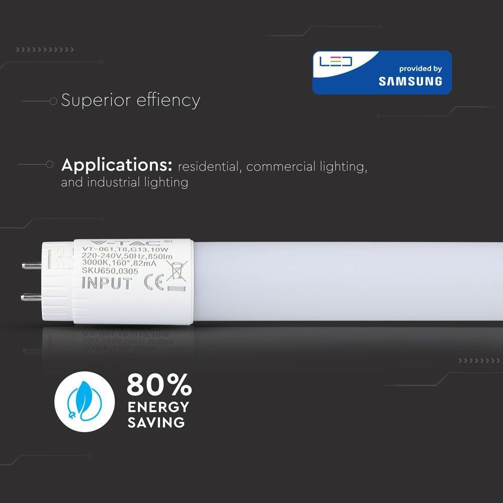 V-Tac T8-Samsung60 - 10W LED rør, erstatter 18W lysstofrør, Samsung LED chip, 5 års garanti