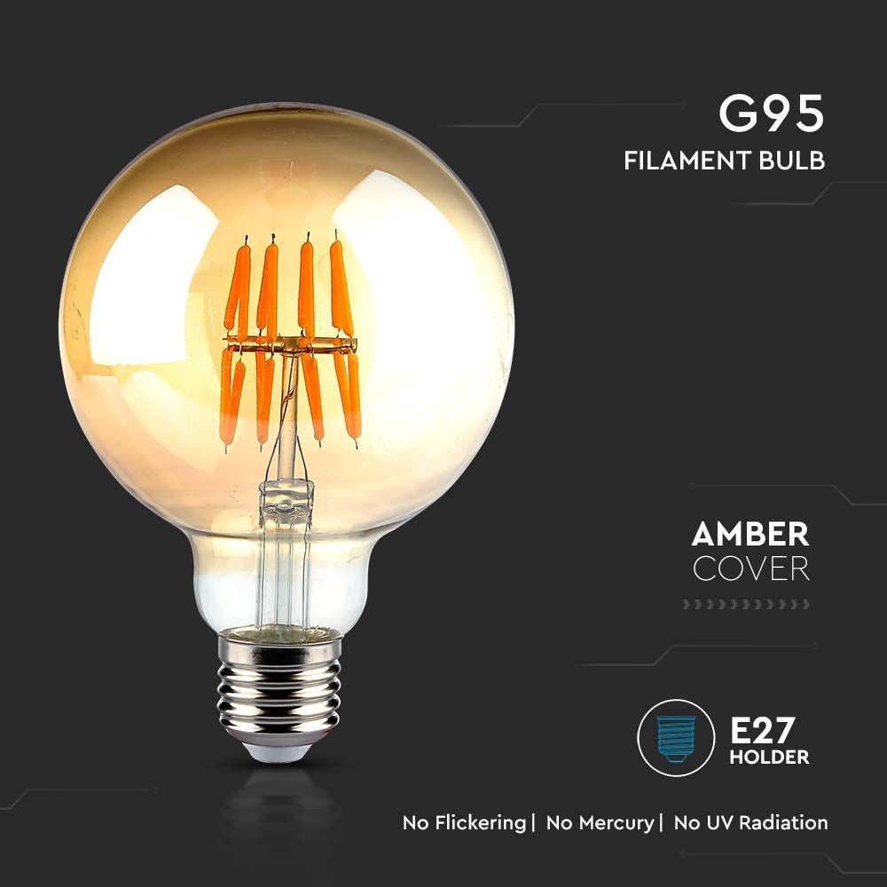 G95 LED Kultrådspære 8W E27 - Ravfarvet Glas, 2200K - Høj kvalitet og elegant design til din belysning.
