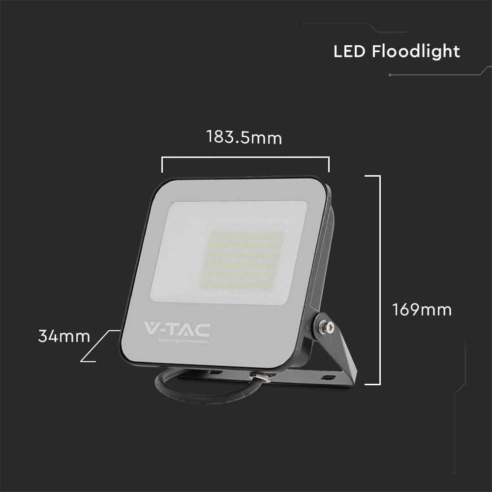 50W LED projektør med sort hus og gråt glas, 4000K, 9250lm, RA70, IP65, 5 års garanti - V-Tac Pro