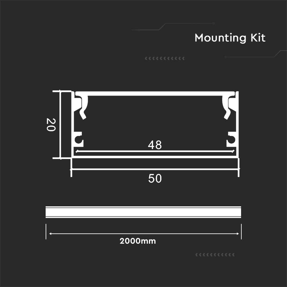 Monteringssæt til LED Strip, 2000x50x20mm, Sølvhus