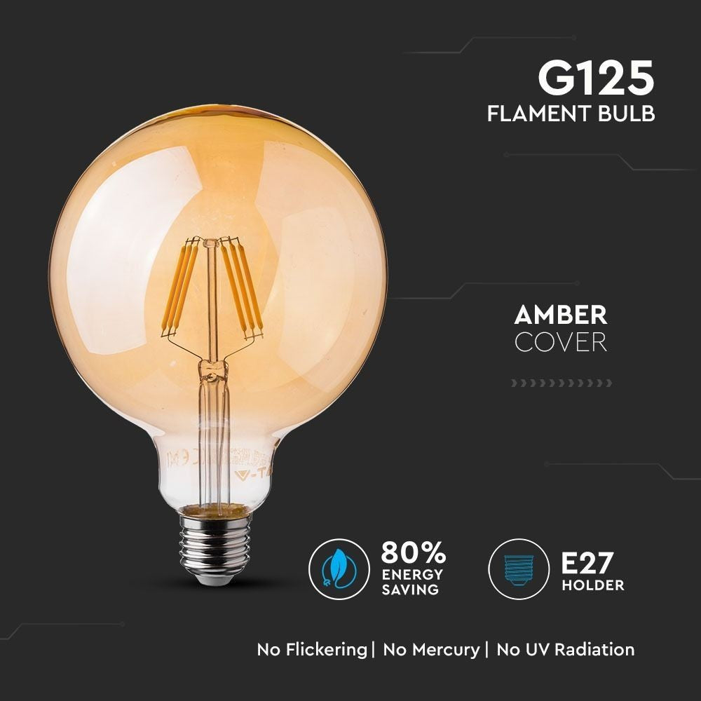 V-Tac 6W LED globepære - Kultråd, Ø12,5 cm, ekstra varm hvid, 2200K, E27