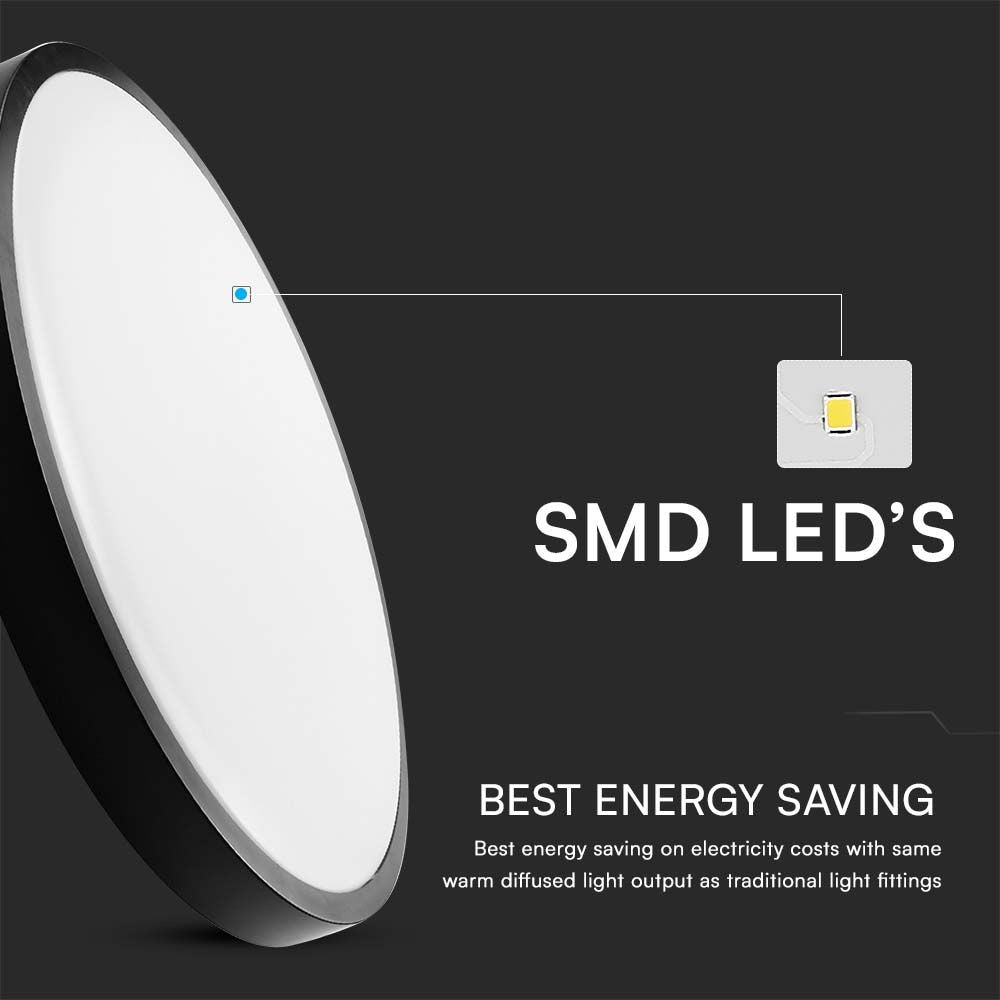 24W LED Kuppel Lys - 3000K, Rundt, Sort Ramme, IP44, 2500lm, RA80