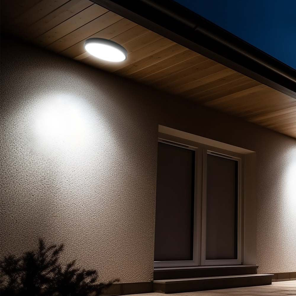 18W LED Loftbelysning med Mikrobølgesensor, 4000K, Sort Ramme, IP44 - Rund