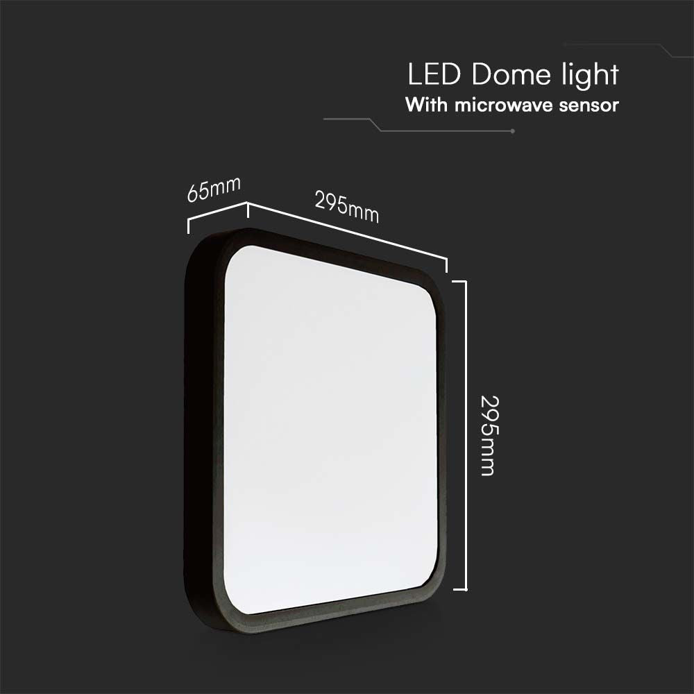 18W LED Dome Lys med Mikrobølgesensor, 4000K, Sort Ramme, IP44, Firkantet - Ideel til belysning med energibesparende LED-teknologi