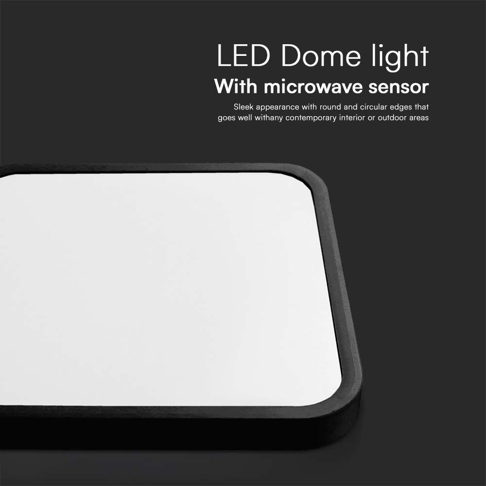 18W LED Dome Lys med Mikrobølgesensor, 4000K, Sort Ramme, IP44, Firkantet - Ideel til belysning med energibesparende LED-teknologi