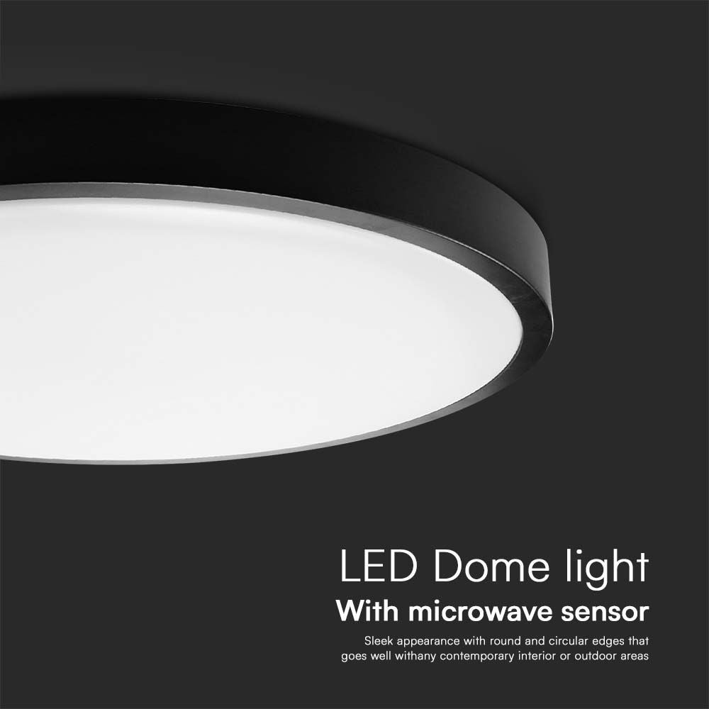 24W LED Kuppel Lys med Mikrobølgesensor, 4000K, Rundt, Sort Ramme, IP44 - Ideel til belysning af både indendørs og udendørs områder.