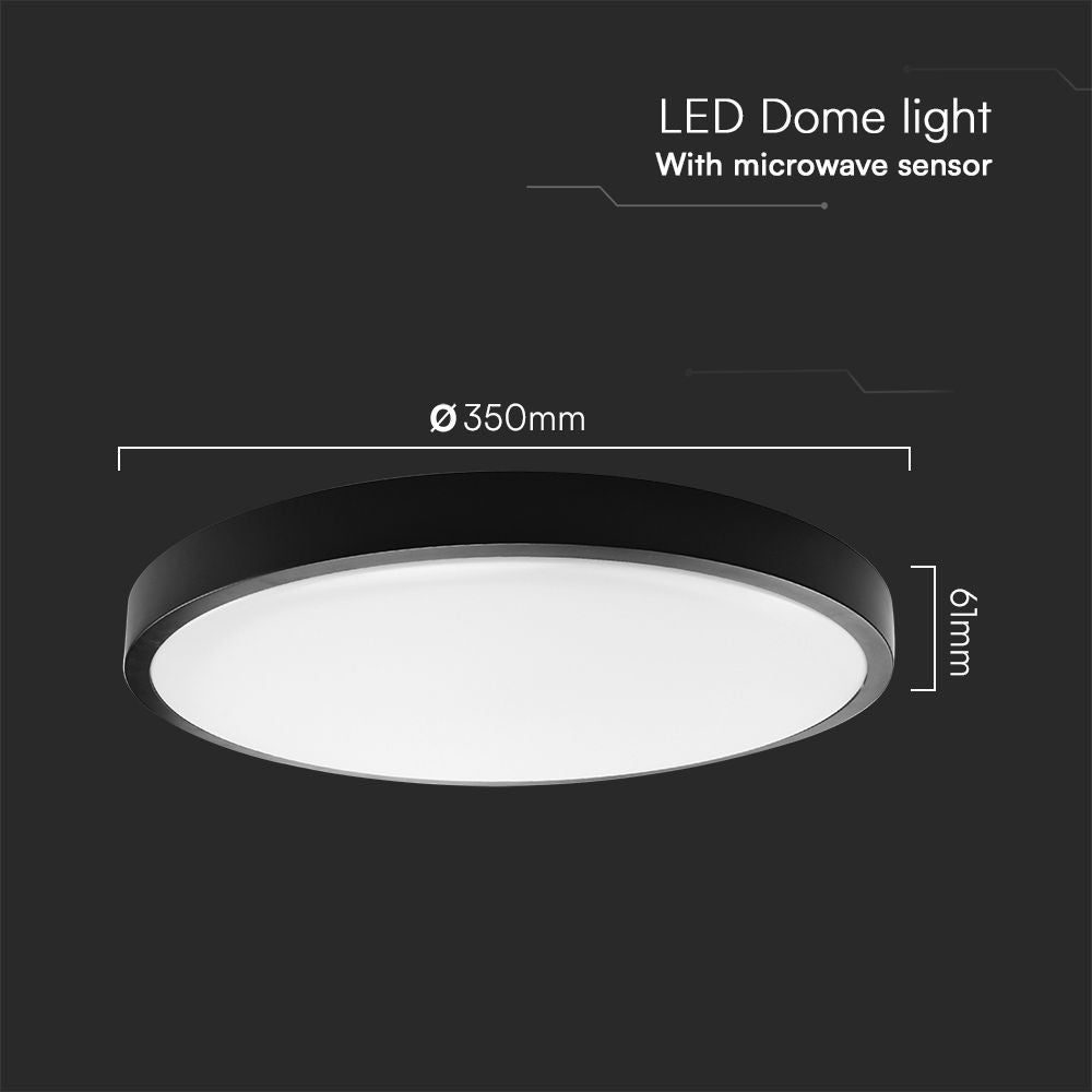 24W LED kuppellys med sensor og Samsung Chip i sort ramme, 4000K, rund design og IP44 beskyttelse