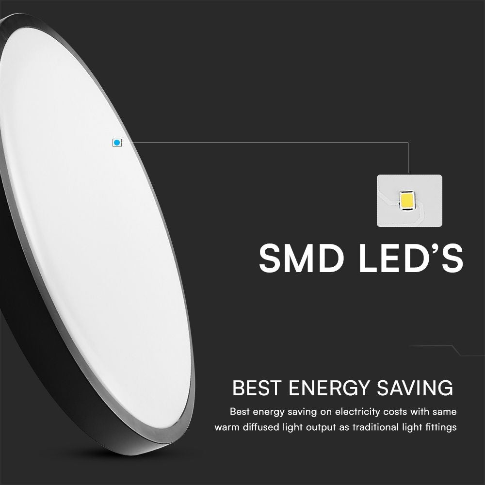 24W LED kuppellys med sensor og Samsung Chip i sort ramme, 4000K, rund design og IP44 beskyttelse