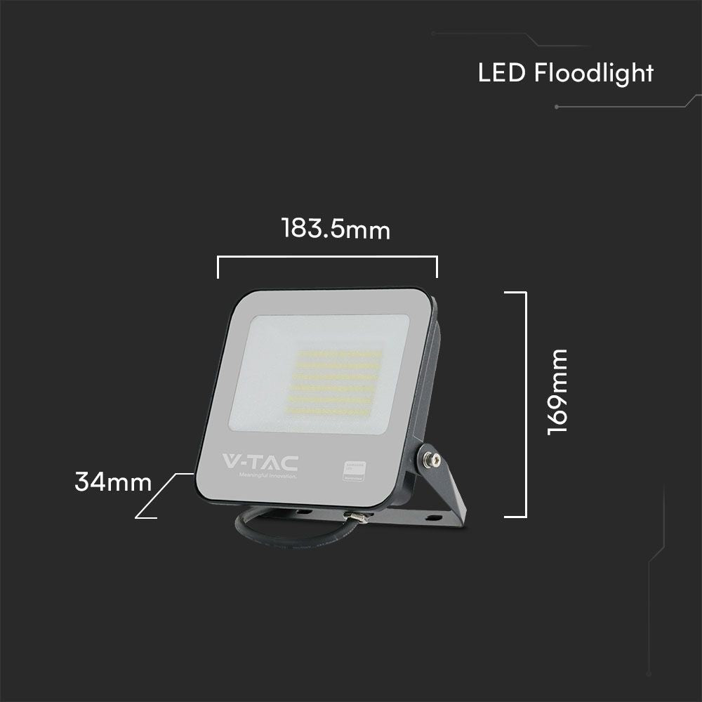 50W LED projektør med Samsung chip, 4000K, sort hus, grå matteret glas, IP65 - 5 års garanti