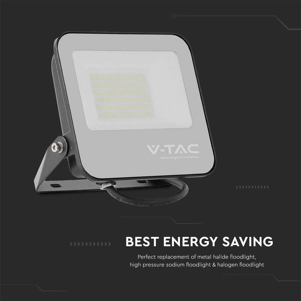 50W LED projektør med sort hus og gråt glas – 4000K, 8000lm, RA70, IP65, V-Tac Pro serie med 5 års garanti