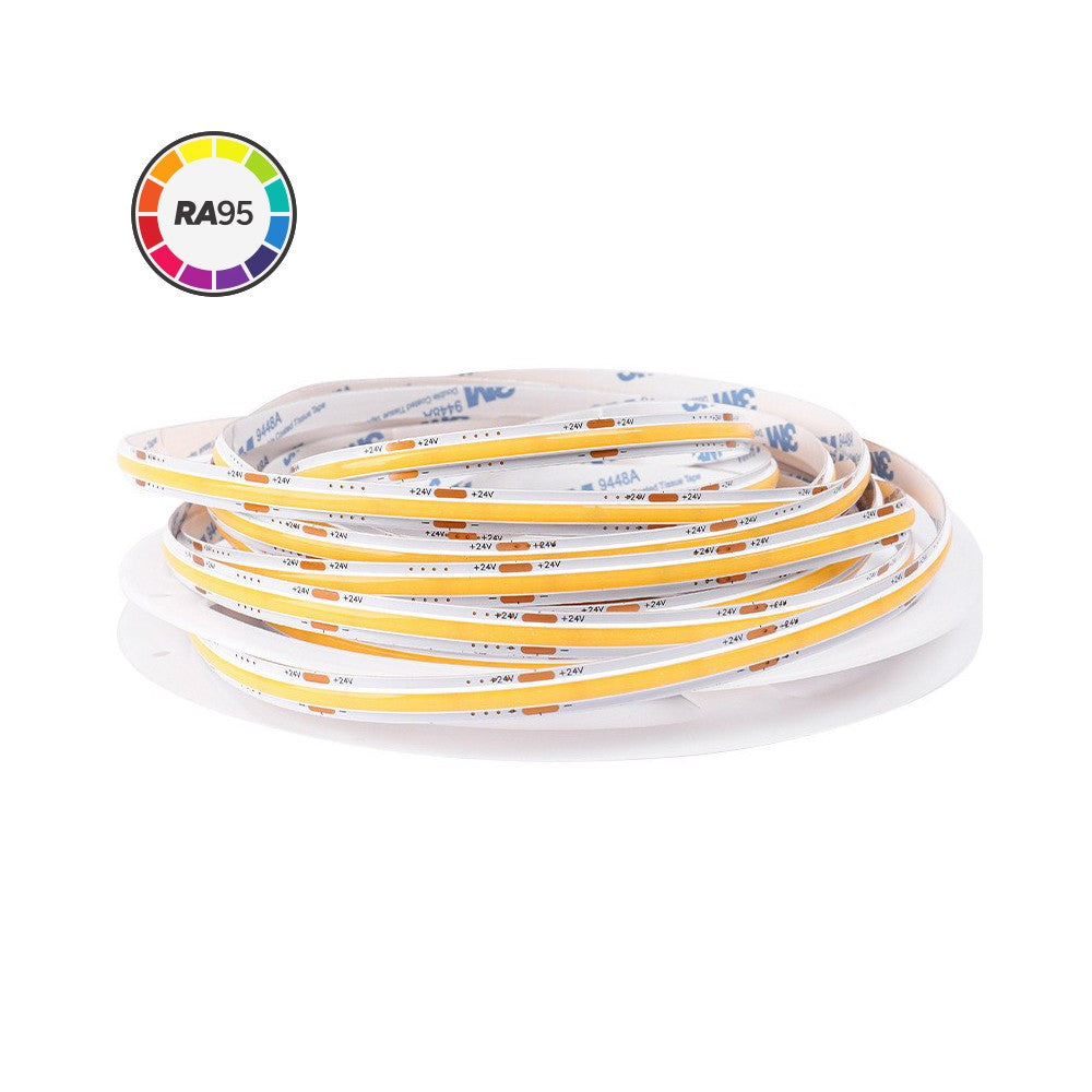 10m Dot-fri COB LED-strips med 2700K, 6,5W/m - IP20, 320 LED pr. meter, 24V, højt farvegengivelsesindeks RA95