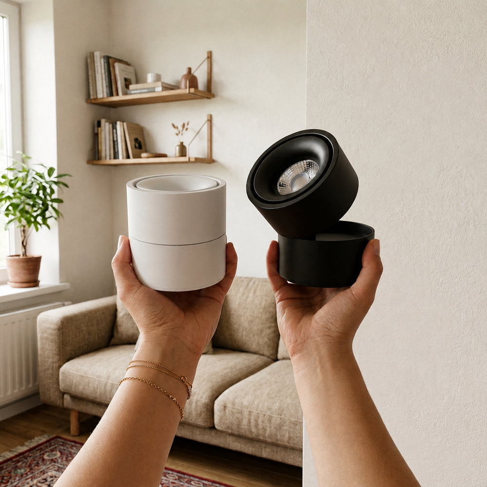 Dæmpbar sort LED loftspot med høj farvegengivelse (RA98) - 10W, justerbar, til påbygning - Effekt: 10W, Input: 230V, 1000lm.