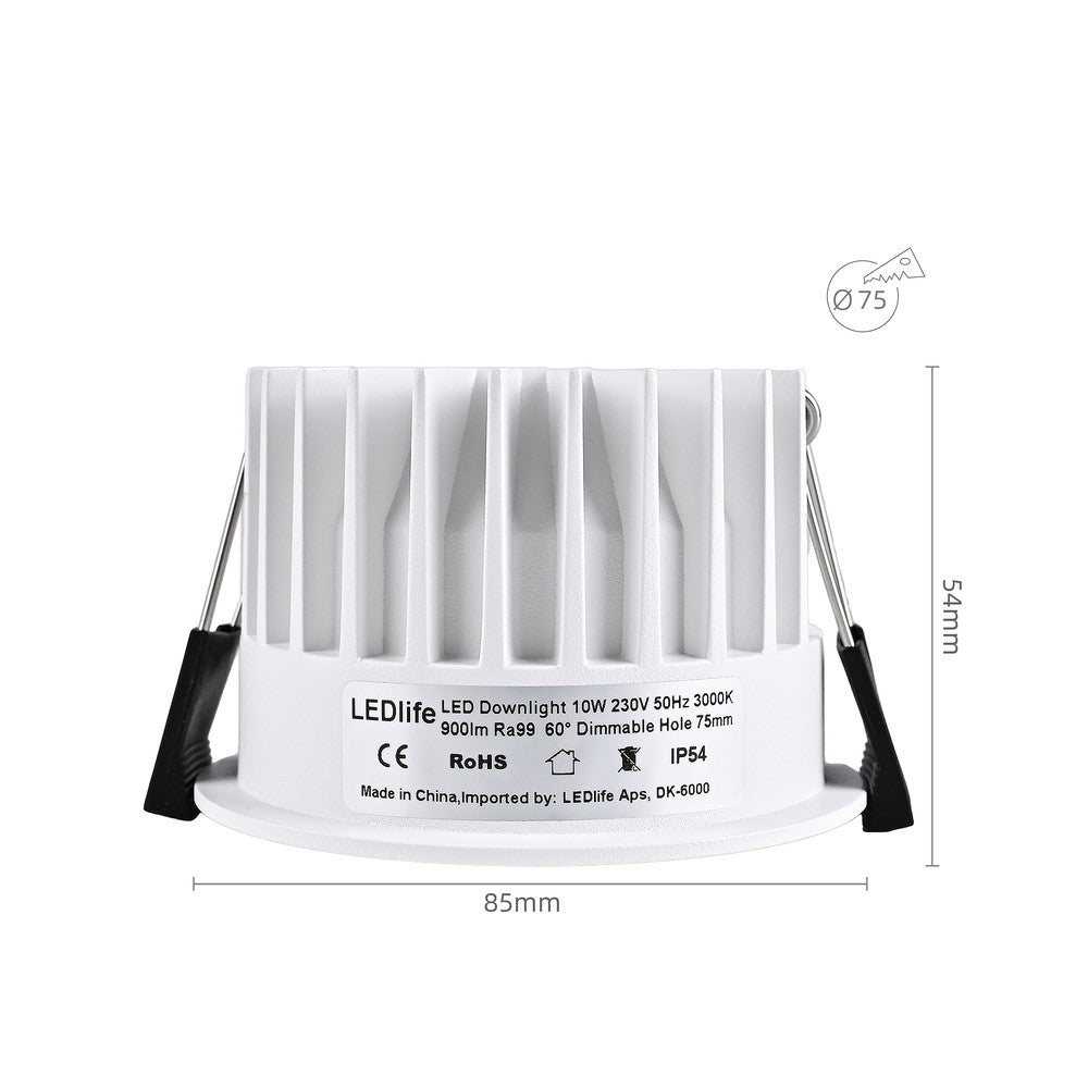 Dæmpbar hvid kant indbygningsspot 10W, Ø7,5 cm hul, Ø8,5 cm, 230V, RA99, 900lm, IP54