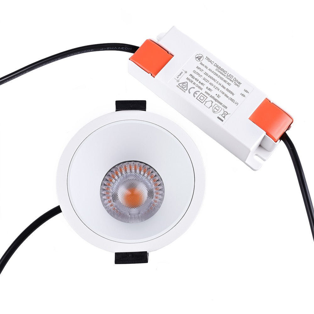 Dæmpbar hvid kant indbygningsspot 10W, Ø7,5 cm hul, Ø8,5 cm, 230V, RA99, 900lm, IP54