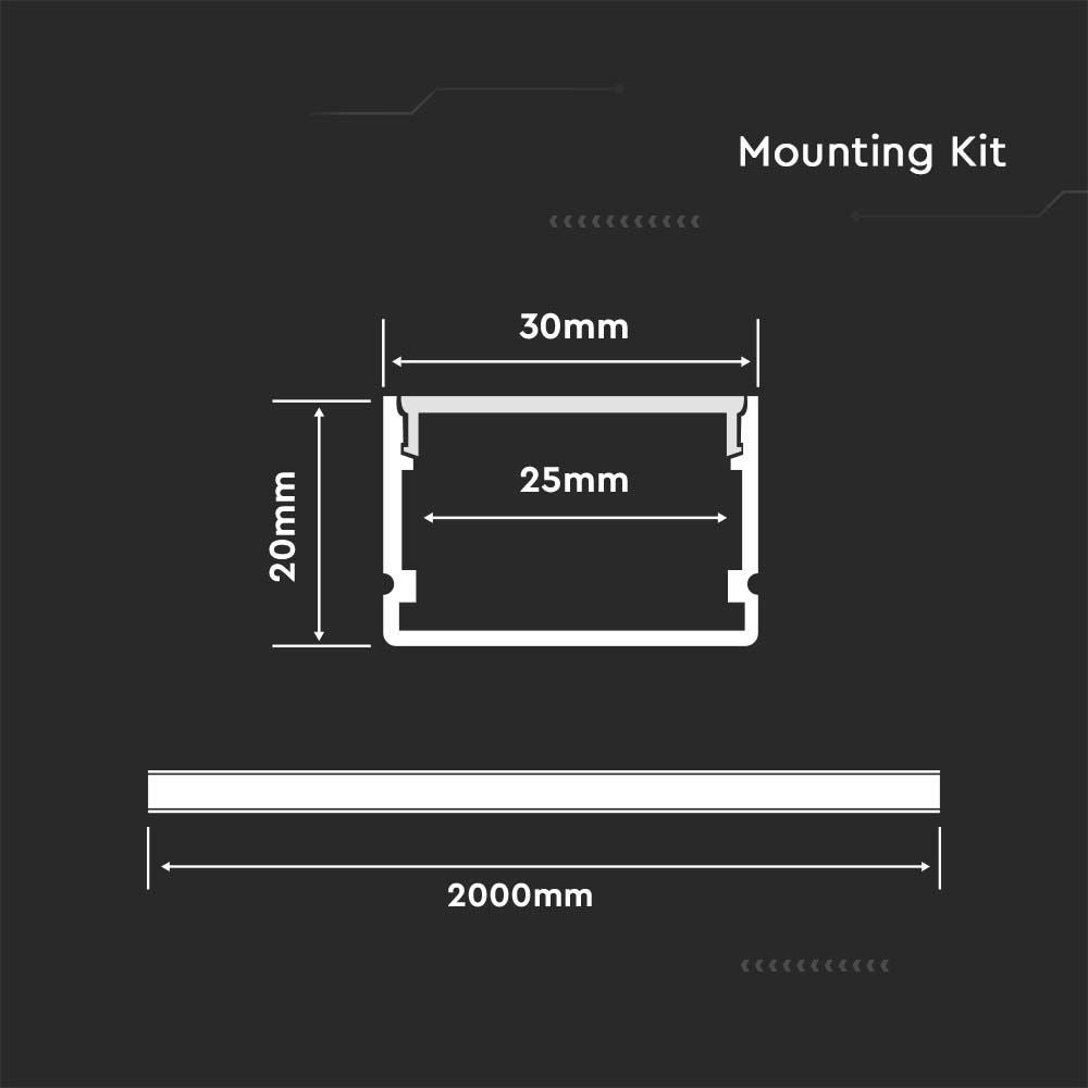 Monteringssæt til LED-Strip på overfladen, 2000x30x20mm, sølv.