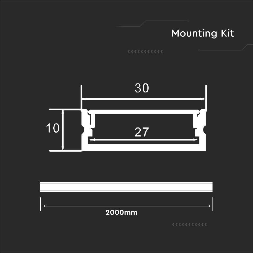 Monteringssæt med diffuser - 2000x30x10mm, sølvfarvet hus