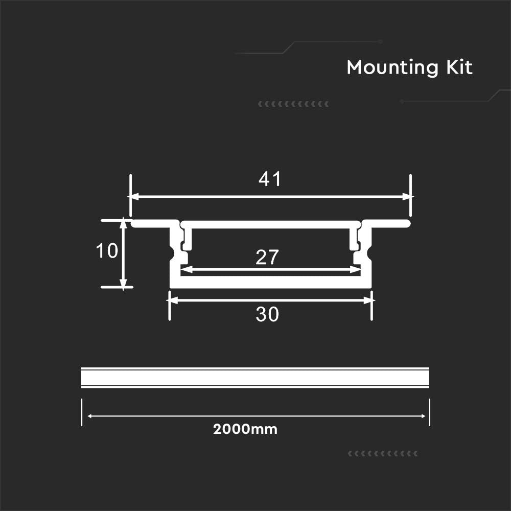 Monteringssæt med diffuser til LED-stribe - 2000x30x10mm, Sølv Hus.