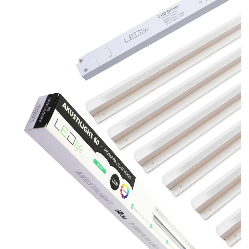 Troldtekt LED Skinnesæt 6x60 cm - Planforsænket, Fjernbetjening, Dæmpbar, Akustilight
