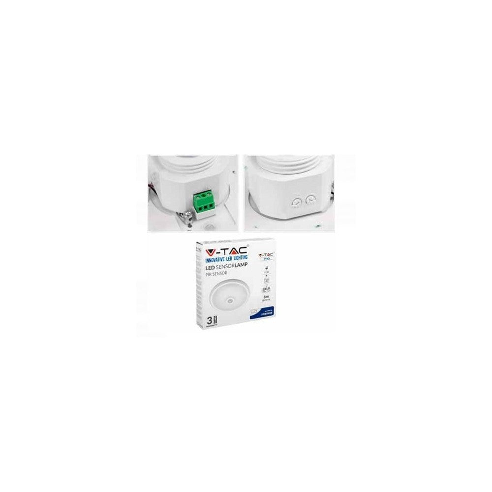 V-Tac 12W LED sensorlampe - Samsung LED chip, PIR sensor, IP20 indendørs, 230V, inkl. lyskilde - Erstatning for 60W - 5 års garanti