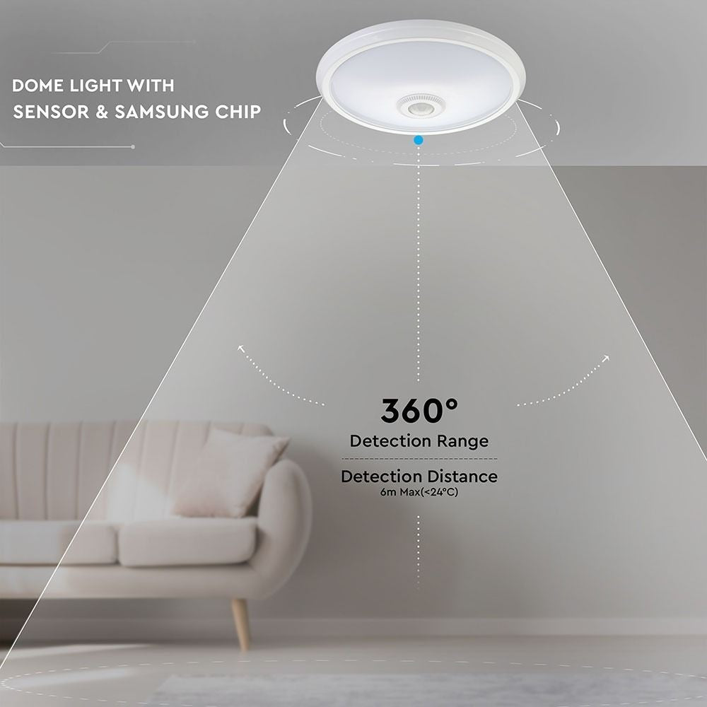 V-Tac 12W LED sensorlampe - Samsung LED chip, PIR sensor, IP20 indendørs, 230V, inkl. lyskilde - Erstatning for 60W - 5 års garanti