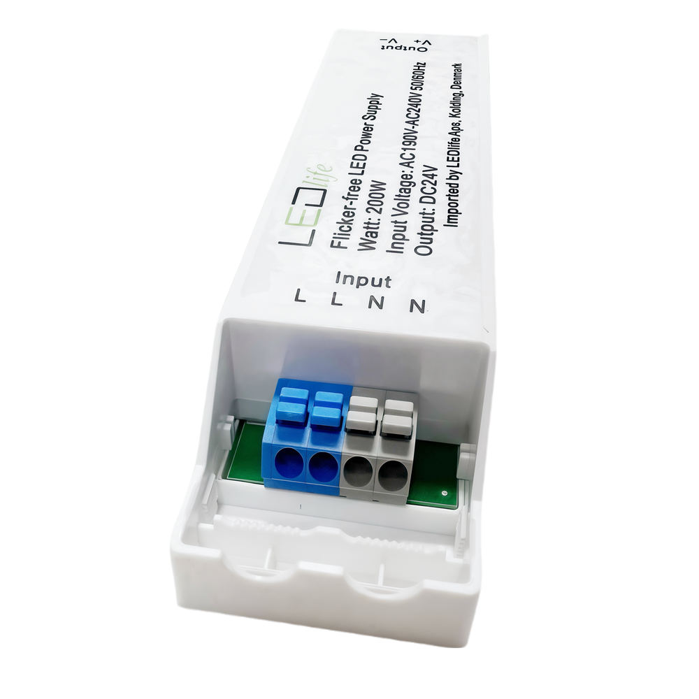 200W 24V Flicker Free Strømforsyning til Indendørs Brug - 24V DC, 12,5A, IP20