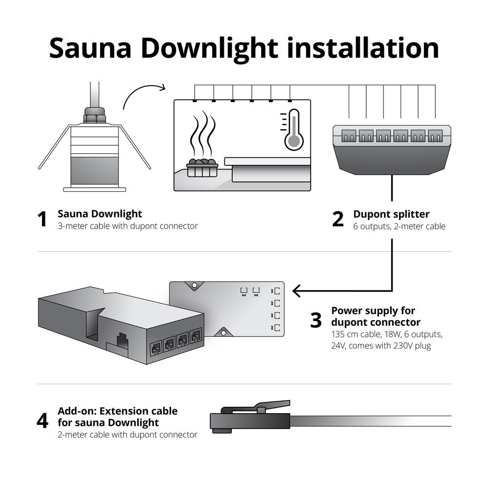 Forlængerkabel til Sauna downlight - 2 meter, 24V, sort