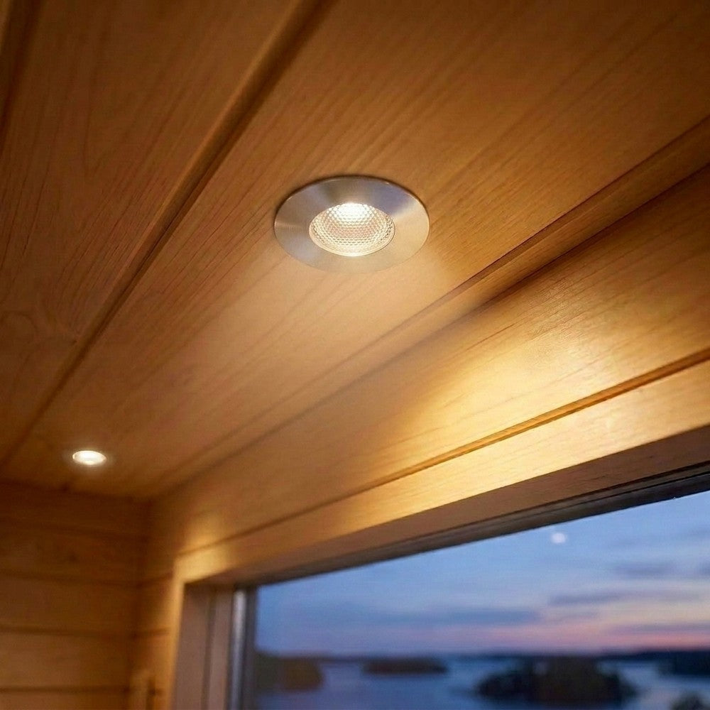 Sauna LED indbygningsdownlight - 24V DC, RA93, 1,1W, 3m ledning, Ø3 cm hul, Ø3,5 cm diameter, 100lm, IP54