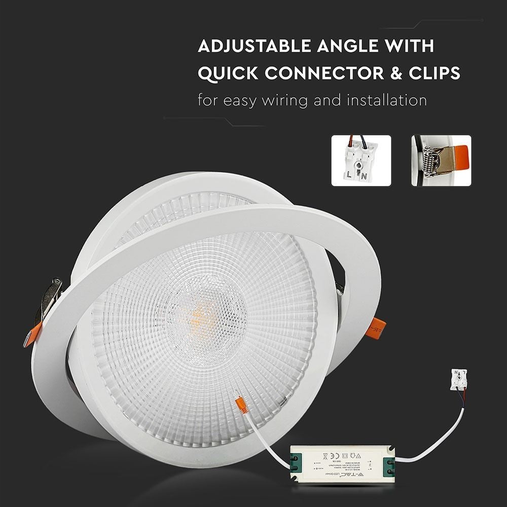 V-Tac 20W LED indbygnings-spotlight - Hul: Ø14,5 cm, Mål: Ø17 cm, 3 cm høj
