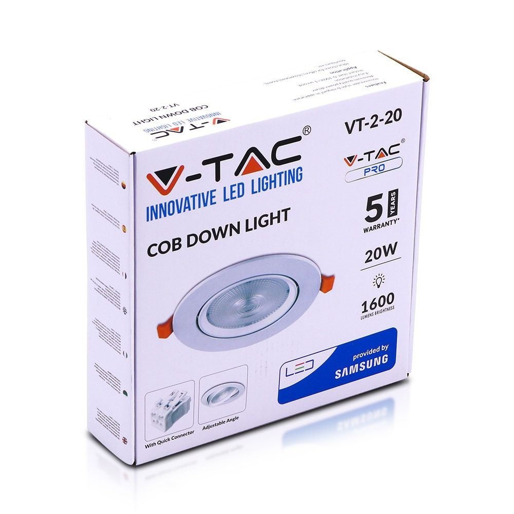 V-Tac 20W LED indbygnings-spotlight - Hul: Ø14,5 cm, Mål: Ø17 cm, 3 cm høj